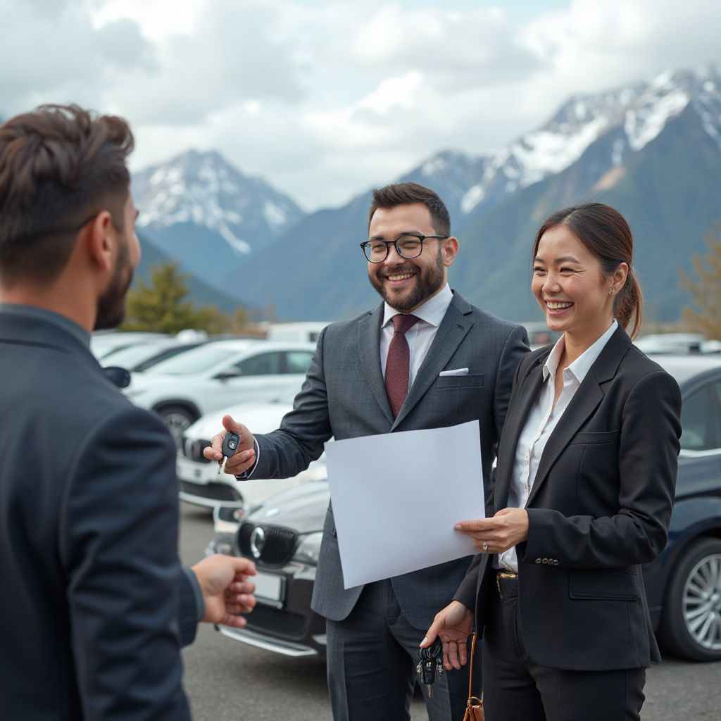 Cliente satisfecho recibiendo las llaves de su vehículo alquilado